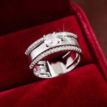 1pc Elegant Geometric Wide Band Design Cubic Zirconia Inlaid Fashion Ring For Women - Multicolor - View 5