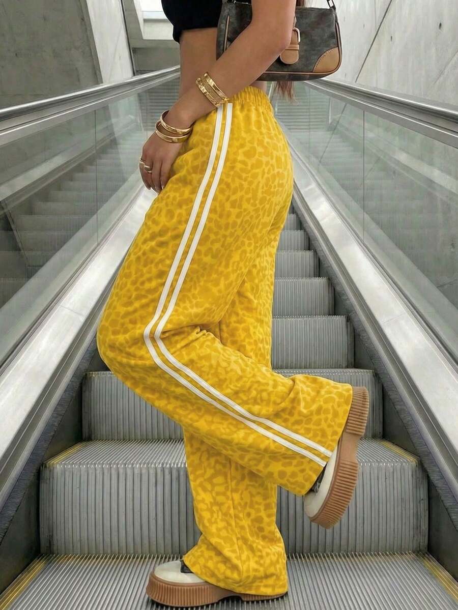 Women's Mid-Waist Drawstring Side Striped Loose Straight Pants, All-Over Striped Leopard Print, Suitable For Spring/Summer, Loose Casual Pants, Women's Summer Clothing - Yellow - View 1