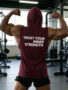 “相信你的内在力量”标语印花连帽背心，男士休闲无袖健身衫，美式运动风格 - 酒紅色 - 查看 2