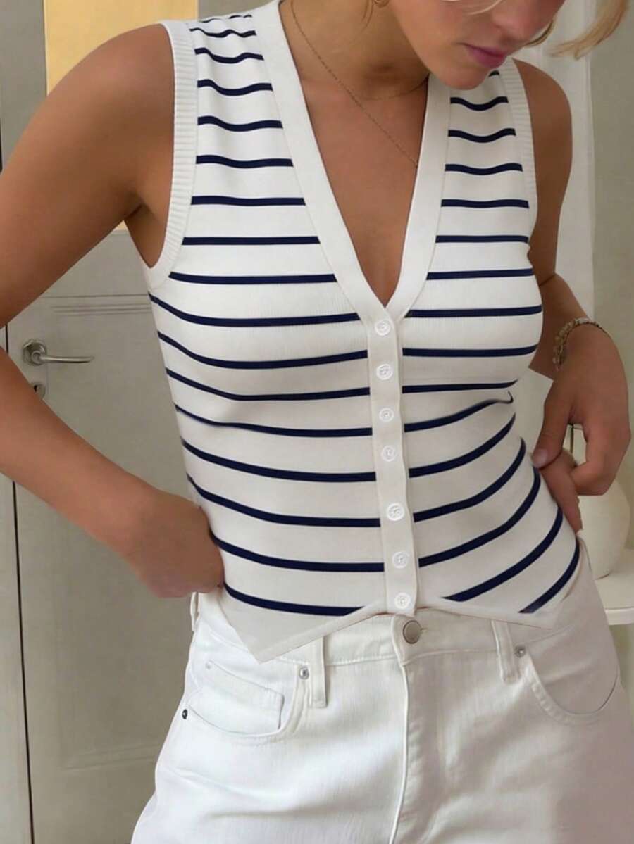 Just Masa 女士夏季条纹时尚休闲优雅毛衣背心，性感深V领无袖纽扣简约基础款弹力针织开衫，适合日常穿着、通勤、度假、海滩、约会、旅行 - 藍白條紋 - 查看 1