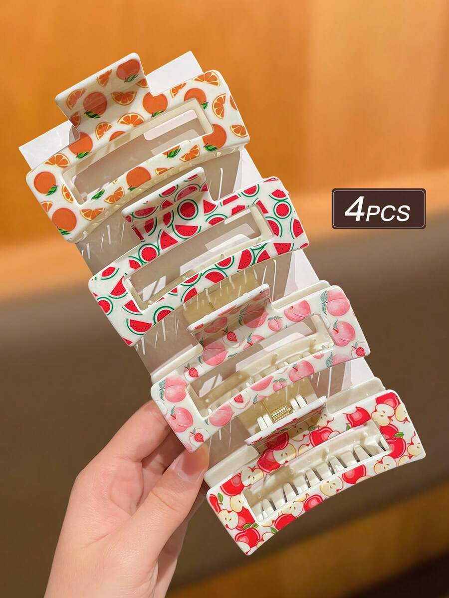 4个时尚优雅可爱水果图案发夹，3.3英寸，简约日常发饰，抓力强，适合浓密和稀疏头发，丸子头，春夏海滩度假，女士度假发饰爪夹