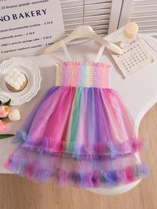 女婴可爱甜美彩虹网纱吊带泡泡袖连衣裙，夏季假日风格 - 彩色 - 查看 2