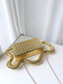 1个条纹3D金属链条斜挎包，优雅派对/宴会手拿包，奢华金色晚宴手提包 - 金色 - 查看 2
