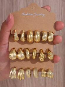 3-9 Pairs Multi-Style Gold Stud Earrings Set, Asymmetrical Textured Water Drop C-Shaped Metallic Earrings, Niche Design Versatile Commuter Earrings For Women - Gold - View 1
