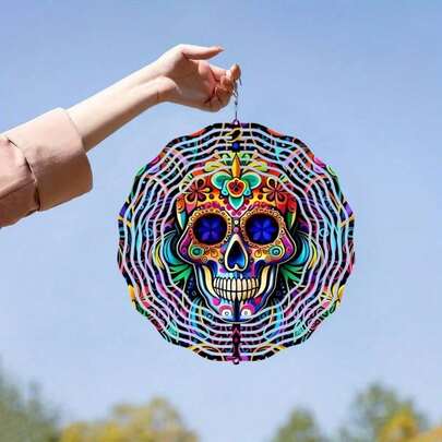 Chong chóng gió hình đầu lâu kẹo 3D bằng thép không gỉ 10 inch - Hoàn hảo cho Halloween, Giáng sinh và nhiều dịp khác - Đồ trang trí sân vườn bằng kim loại đa chức năng, đồ trang trí Giáng sinh.