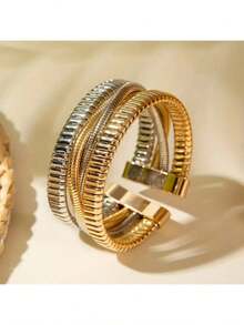 1pc Fashionable Minimalist Multi-Layer Line Wrapped Geometric Open Cuff Snake Bone Bracelet Suitable For Daily Wear Party And Gathering - 多色的 - 查看 2