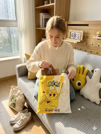  Túi đeo vai hình nhân vật hoạt hình Pokemon, túi tote gấp gọn tái sử dụng được, túi mua sắm ngoài trời dung tích lớn.
