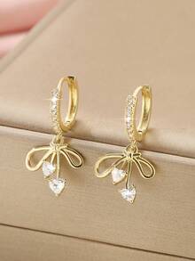 1 Pair Copper Zirconia Encrusted Cute Bow Pendant Earrings, Fashionable Versatile Gift For Women - Butterfly - View 9