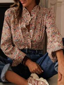 Polyester Allover Print Button Pleated Hem Women Shirt, Suitable For Daily, Date, Travel, Spring/Summer - Multicolor - View 2