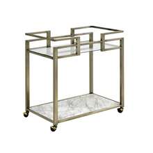 Carrito de servicio Neilo con superficie de imitación de mármol y acabado de latón, con cristal transparente, disponible en el sitio. - 1 - Ver 6