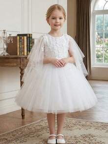 Váy lưới ren trắng cho bé gái, váy hoa dự tiệc cưới, váy vải tuyn dự tiệc sinh nhật - trắng - Xem 6