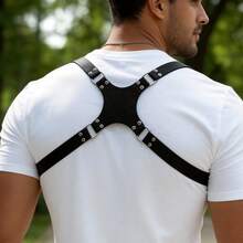 Men's Punk Faux Leather Chest Harness, Gothic Back X-Shaped Body Strap With Adjustable Clasps, One Size Fashion Accessory For Festival And Clubwear - Black - View 3