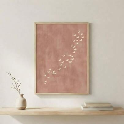 1pc Minimalist Cranes Wall Art, Blush Peach Sky Flock Poster, Boho Japandi Scandinavian Neutral Decor For Bedroom, No Frame