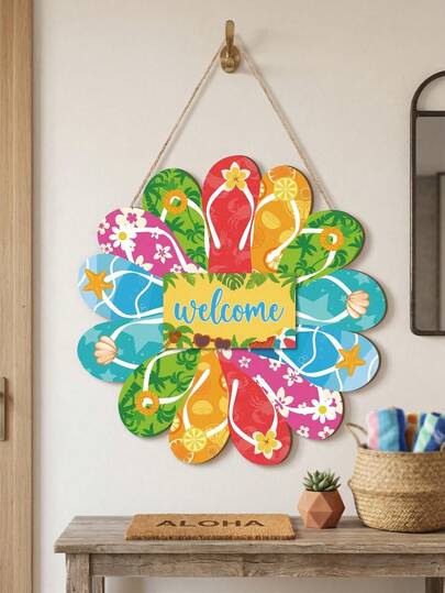 夏季主题人字拖造型木质欢迎牌，复古人字拖设计墙饰，适用于家居、花园、室内/室外空间、入口、节日、派对、夏季装饰