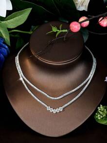 1 Set de joyería con tono plateado, Cubic Zirconia (CZ) Oval Link Layered Choker, conjunto minimalista brillante de collar, aretes, anillo y pulsera a juego para despedidas de soltera, citas nocturnas y brunch de fin de semana - Plateado - Ver 6