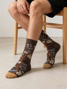 1 双男士棕色底色撞色花鸟图案中筒袜，复古艺术风日常穿着 - 彩色 - 查看 1