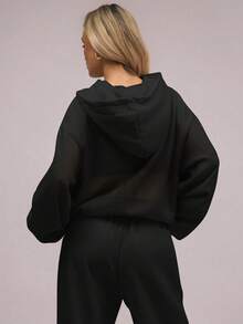 Women's Oversized Hooded 2 Piece Tracksuit Casual Loose Fit Hoodie And Wide Leg Pants Set Women's Casual Oversized 2 Piece Hooded Tracksuit - 黑色/夏季輕薄款 - 查看 3