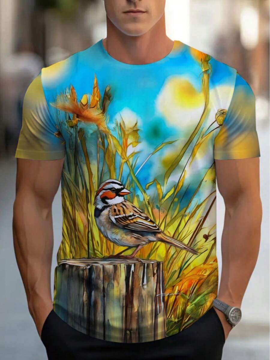 Men'S Adult Short-Sleeve T-Shirt For Home Use, Showcasing Bird Artwork, Made From A Comfortable Of Fabrics, In Bright Blue And Yellow Hues, Perfect For Casual Outdoor Activities, Lightweight And Durable, Ideal For Daily Wear - 混合顏色 - 查看 1