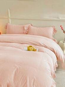 Soft Pink Cream Ruffled Duvet Cover 3 Pieces Set (1*Duvet Cover + 2*Pillowcases), Suitable For Bedroom & Guest Room, All Season, Machine Washable - Baby Pink - View 8