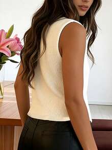 Get Rich A Women's Spring/Summer Vacation, Elegant Casual Sleeveless V-Neck Knit Tank Top, Suitable For Daily, Date, Party, Street Wear, White Hollow Out Vest - Apricot - View 8