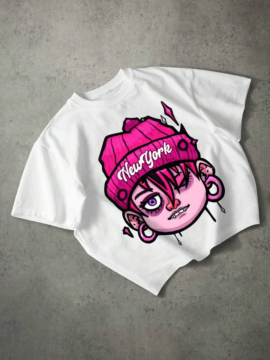 Áo thun nam in hình hoạt hình New York, kiểu dáng đường phố Y2K rộng rãi, tay ngắn, thích hợp cho mùa hè. - trắng - Xem 1