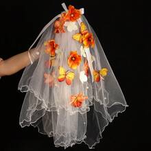蓝色、紫色、橙色花朵头饰，白色蝴蝶结新娘面纱，婚礼派对配饰 - 彩色 - 查看 7