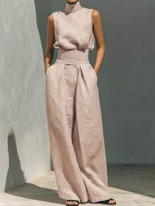 Women's Casual Solid Color Sleeveless Top Pants Set - 粉色 - 查看 1