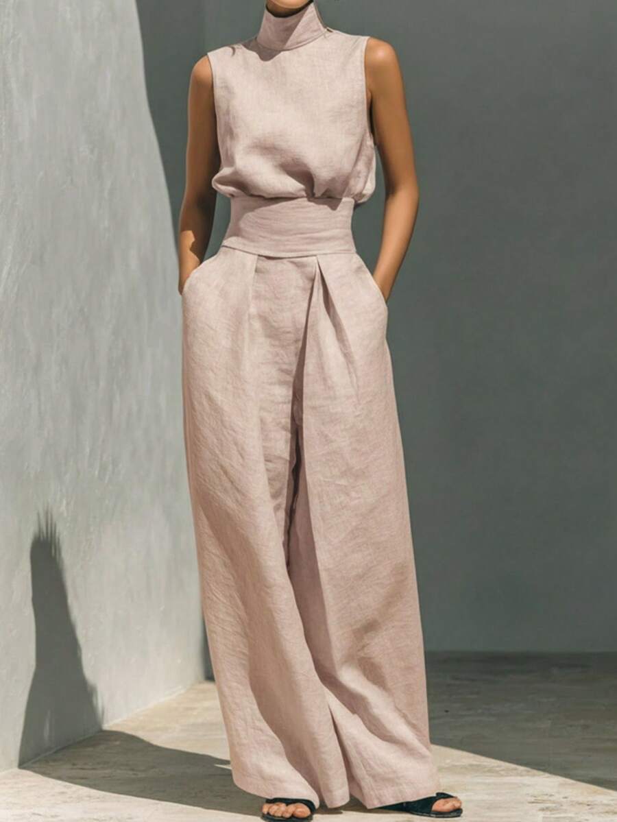 Women's Casual Solid Color Sleeveless Top Pants Set - 粉色 - 查看 1