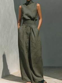 Women's Casual Solid Color Sleeveless Top Pants Set - 軍綠色 - 查看 2