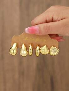 3对/9对女士镀金海星、贝壳、光滑水滴、纹理C形耳环套装，简约可爱风格，适合夏季旅行和度假佩戴 - 金色 - 查看 9