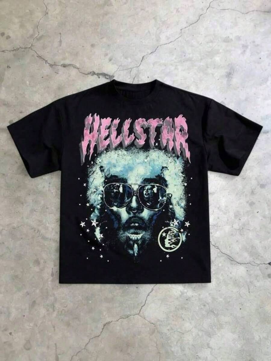 T Shirt Print ,Graphic-Cotton Tees Size Plus, Cartoon Round Neck Short Sleeve, Hellstars Afro Sunglasses Portrait Y2K Graphic T-Shirt,180g 100% Cotton,Round Neck Short Sleeve,Black Streetwear Essential For Summer Going Out,Unisex Style,Y2K,Shirt Men,With Shirt,Summer Tops,Shirt Suitable Black Tops Men's Personalized Print Short Sleeve T-Shirt, Comfortable & Breathable, Summer Style - Black - View 1