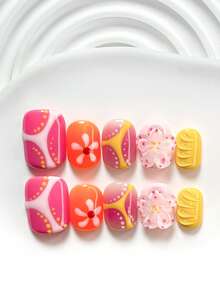 10er Set handgefertigte Nagelkunst im bunten Patchwork-Stil, inklusive Gel-Nägel, handgeschnitzte Fünfblatt-Blumen, Streifen- und Polka-Dot-Nageldekorationen, orangefarbener, rosa und gelber Nagellack, exquisiter Modestil, mit Nagelkunst-Werkzeugen (1 Stück Jelly-Aufkleber + 1 Stück Nagelfeile). 3 Größen erhältlich: quadratische Nägel, kurze quadratische Nägel, Mandel-Nägel. Geeignet für Partys, tägliches Tragen, Partys, Fotografie, Frühling/Sommer-Pendeln und andere Anlässe. - Verschiedenfarbig - Übersicht 16