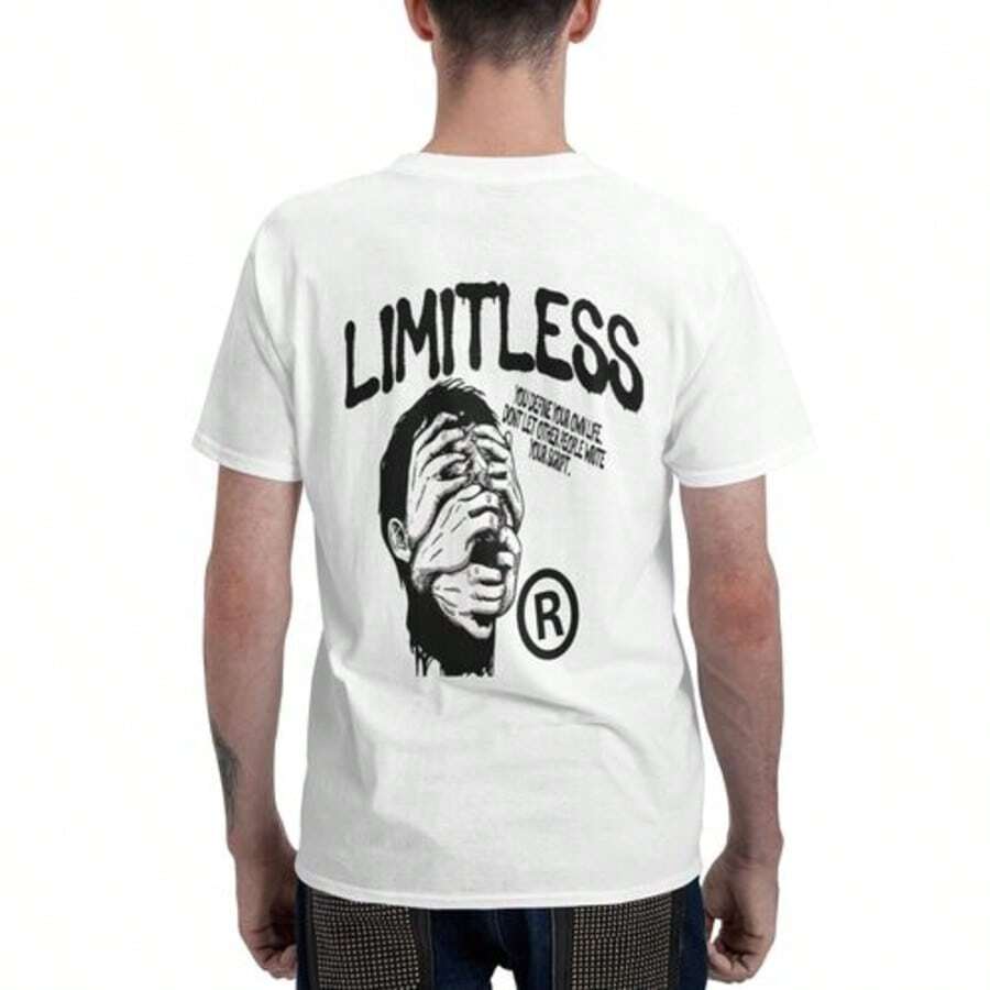 LIMITLESS Men'S White Cotton T-Shirt - Unique Y2K Streetwear With Empowering Self-Definition Statement, Bold Graphic Design & Inspirational Quote - Perfect For Individual Expression And Pursuing Personal Value - trắng - Xem 1
