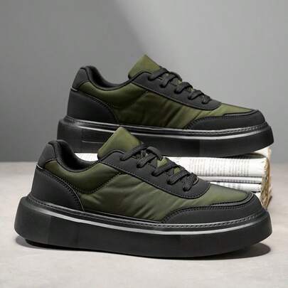 男士休闲运动鞋，绿黑撞色厚底系带鞋，适合日常街头穿着