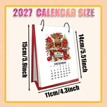 1pc 2027 Cute Holiday Pattern Diamond Painting DIY Holiday Series Pattern Calendar, Mini Desktop Calendar, Desk Calendar, Office Calendar Creative Handmade, Desk Room Living Room Decor Calendar Stand, Holiday Decor, Girlfriend Gift, Sincere Gift, Perfect Gift, New Year Gift, Christmas Gift, Mini Diamond Painting Calendar