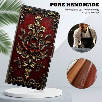 GLANDOTU Vintage Baroque Style Red & Gold Floral Pattern PU Leather Wallet Phone Case With Card Slots, Lanyard And Stand, Fits Multiple Phone Brands And Models