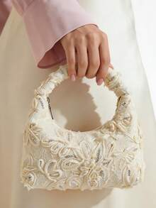 Túi xách nữ màu kem ren hoa, túi mini đính đá lấp lánh, thích hợp sử dụng hàng ngày và dự tiệc. - trắng - Xem 6