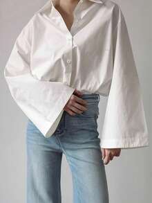 Plus Size Women Elegant Solid Color Casual Turndown Collar Long Sleeve Blouse, Woven Fabric Front Button, Office & Daily Wear, Spring/Summer/Autumn White - White - View 2