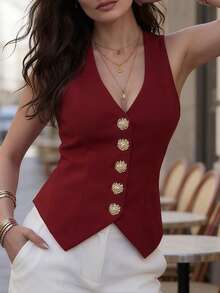 Women's Burgundy V-Neck Button Vest, Suitable For Valentine's Day, Office And Casual Occasions, Spring/Summer - Red - View 8