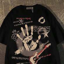 Camiseta unisex negra de talla grande con estampado de "Graffiti Rock Hardcore Palm + Guitarra" Estilo urbano audaz - 1 - Ver 1