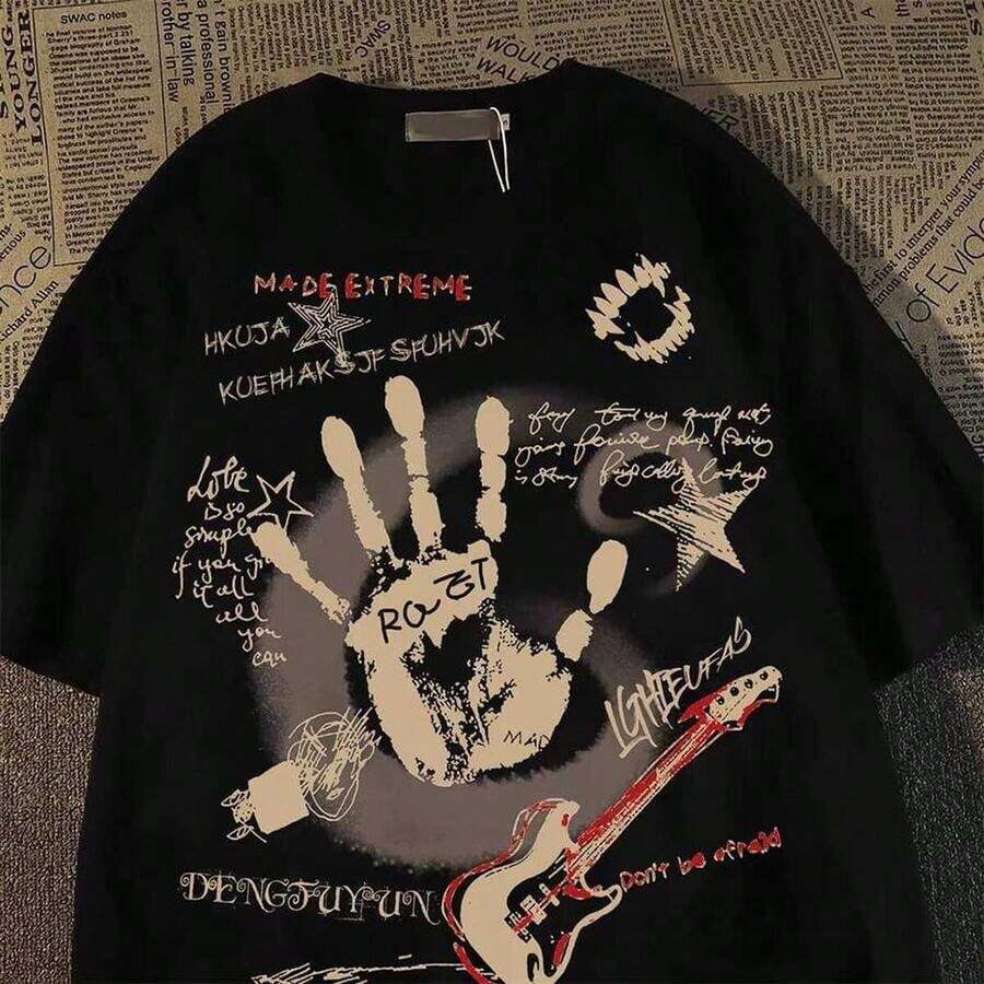 Camiseta unisex negra de talla grande con estampado de "Graffiti Rock Hardcore Palm + Guitarra" Estilo urbano audaz - 1 - Ver 1