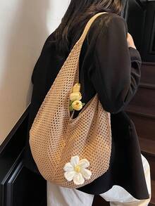 女士钩针编织沙滩包，夏季沙滩手提包，网眼可爱沙滩钱包，美观针织手提单肩包，卡其色 - 卡其色 - 查看 7