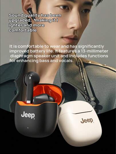 Jeep Bluetooth Earbuds, True Wireless Semi-In-Ear Style, Noise Cancellation, Ultra-Long Battery Life, Intelligent Bass Enhancement, Comfortable Fit, 13mm Diaphragm Unit, Low Latency For Gaming, Suitable For Sports, Running, And Listening To Music.