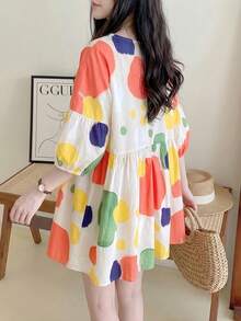 YUXIN Spring & Summer Essential! Women's Loose Babydoll Blouse, Featuring Colorful Prints And Unique Ruffle Cuffs, 3/4 Sleeves Design For Cooler Wear, Fashionable And Comfortable! - Red and Yellow - View 3