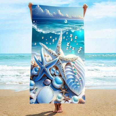 1 khăn tắm biển siêu mềm bằng sợi microfiber với họa tiết vỏ sò và sao biển, nhanh khô, thiết kế cuộn chắc chắn, thích hợp cho bãi biển và hồ bơi.