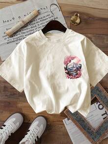 Pure Cotton Women's Casual Summer Top With Double-Sided Watercolor Cherry Blossom Print, Snow-Capped Mountains, Ancient Temples And Rivers, Sheer Short-Sleeved T-Shirt With A Crew Neck - 杏 - 查看 2