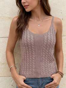 女士无袖罗纹针织吊带背心，常规长度，适合所有季节 - 藕粉色 - 查看 3