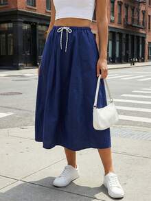 Y2K Cargo Maxi Skirt Women Drawstring Elastic Waist Solid Color Soft Breathable Long Midi Jogger Skirt Casual Going Out Party Date Vacation Beach Summer Faldas De Mujer Ropa Elegante - 藍色 - 查看 4