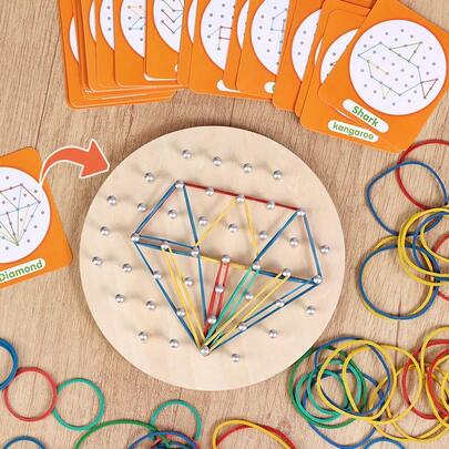 Children's Wooden Round Pegboard Creative Construction Toy, Develops Hands-On Ability And Spatial Thinking, Montessori Early Geometric Cognition Educational Toy, Parent-Child Interactive Game, Children's Rubber Band Creative Plug-In Concentration Training Building Blocks, Odorless Reusable Educational Toy