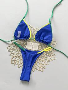 Women's Summer Beach Contrast Color Halter Tie Sexy Bikini Swimwear Set Vacation - Royal Blue - View 3